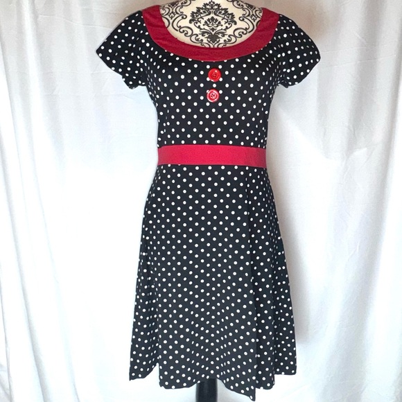 Sourpuss Dresses & Skirts - Sourpuss Black and White Polka Dot Mini Dress with Red Accents and Buttons